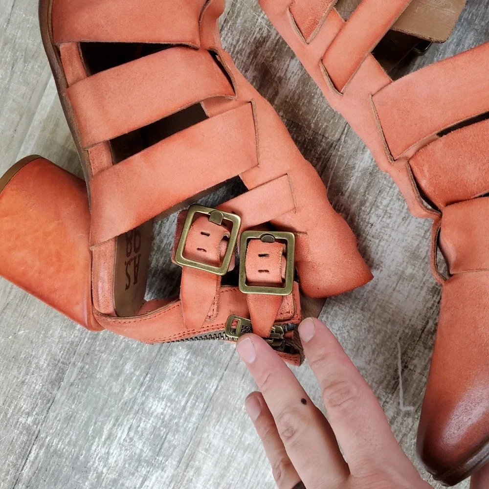 AS98‎ Evie Booties Orange Suede Strappy Cut Out Block Heel Sz 6.5 - 7 EU 37 NWOB